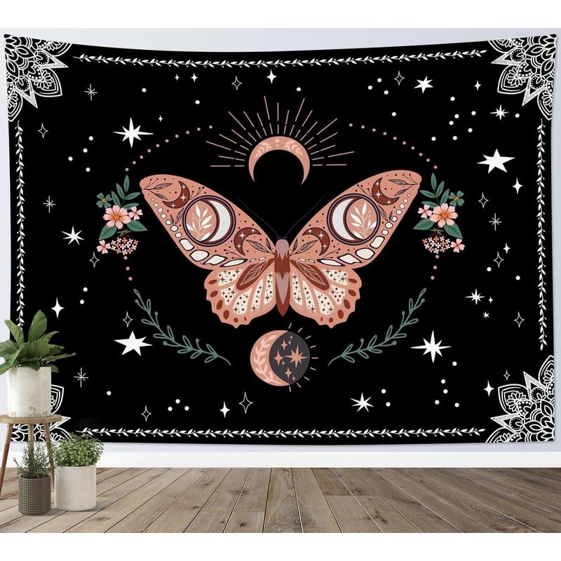 Pink Butterfly Wall Tapestry Black and White Mandala Tapestry Wall Hanging Green Leaf Plant and Floral with Stars Moon on Galaxy Space Tapestry for Bedroom Living Room Dorm