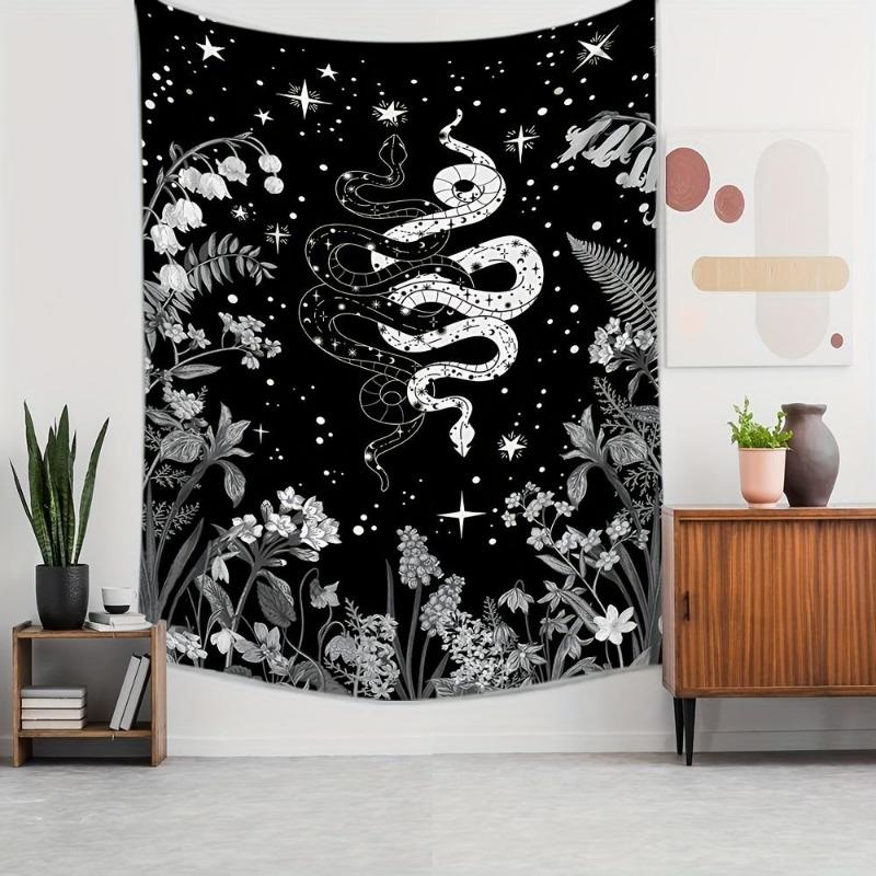 Vibrant Black and White Snake Flower Printed Tapestry - Unique Wall Hanging for Living Room, Bedroom, Dorm Room Decor - Adds Bohemian Chic Touch to