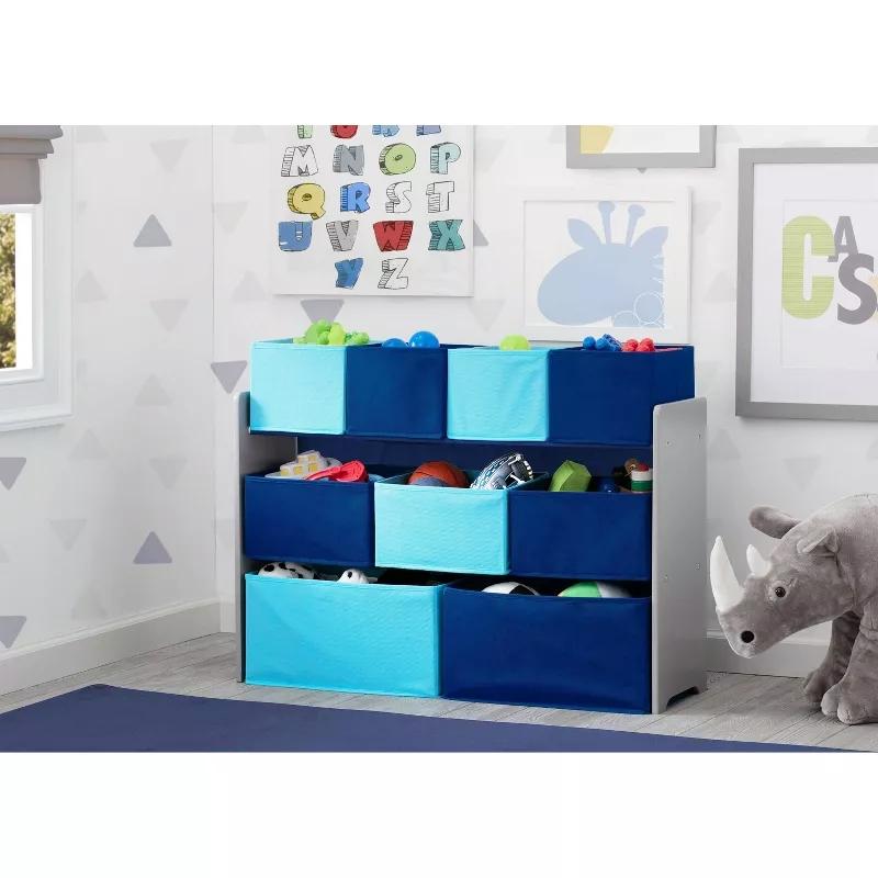 Multi-Bin Organizer with Storage Bins, Open Storage Bins,Toy Organizers and Storage Solution,Collapsible Toy Organizers and Storage Bins,for Nursery, Closet, Bedroom, Playroom,Grey Blue Bins