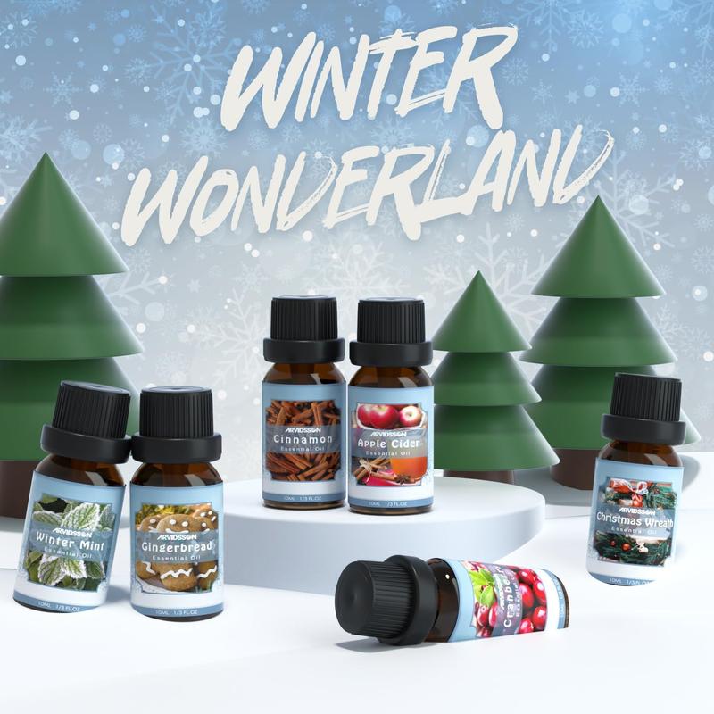 Winter Essential Oils Set, ARVIDSSON Holiday Fragrance Oil for Diffuser, Cinnamon, Christmas Wreath,  Cider, Gingerbread, Cranberry, Winter Mint Scented Oils for Home