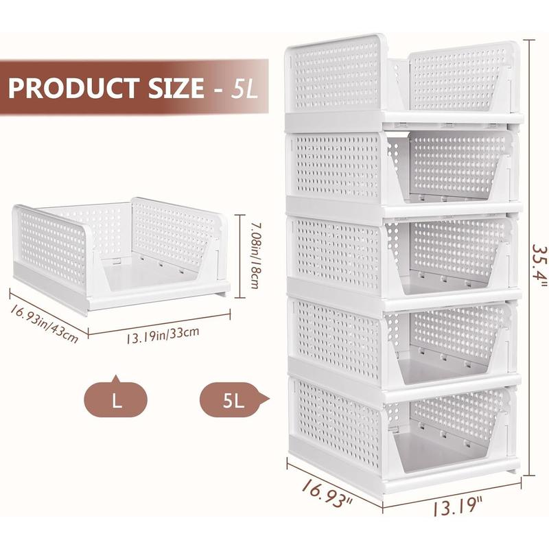 5 Pack Folding Closet Organizers Storage Box, Stackable Storage Bins, Plastic Drawer Basket Closet Storage for Wardrobe Cupboard Kitchen Bathroom Office White-5L