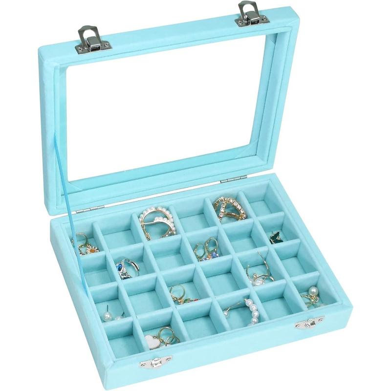 Velvet Jewelry Box 24 Grid Jewelry Ring Display Organiser Box Tray Holder Earrings Storage Case for Wife Mom Women (Pink)