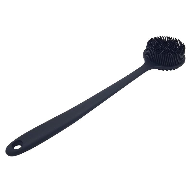 Silicone Back Scrubber for Shower - Soft Bath Body Brush with Long Handle (Black) - Exfoliating & Skin Care Tool