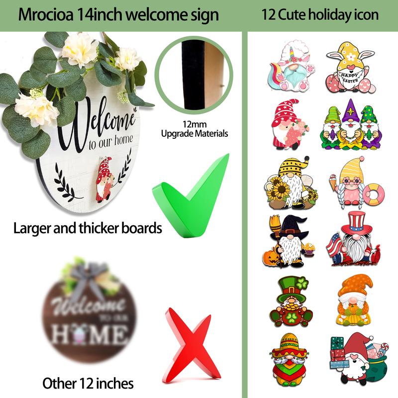 14 inch Interchangeable Welcome Home Sign for Front Door with 12 Gnome Icons,Seasonal Welcome Home Wood Wreaths Front Porch Decorations 14inch Housewarming Gift