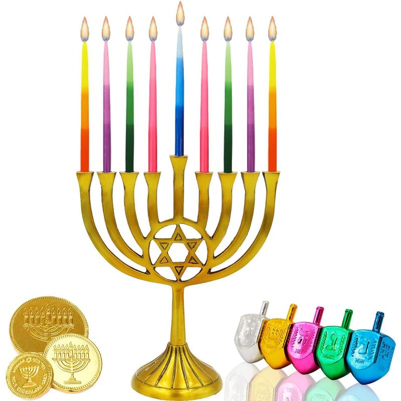 The Dreidel Company Dripless Deluxe Tapered Hanukkah Candles, Multicolored 3-Tone Pastel Decorations, Chanukkah Menorah Candles for All 8 Nights of Chanukah (Single)