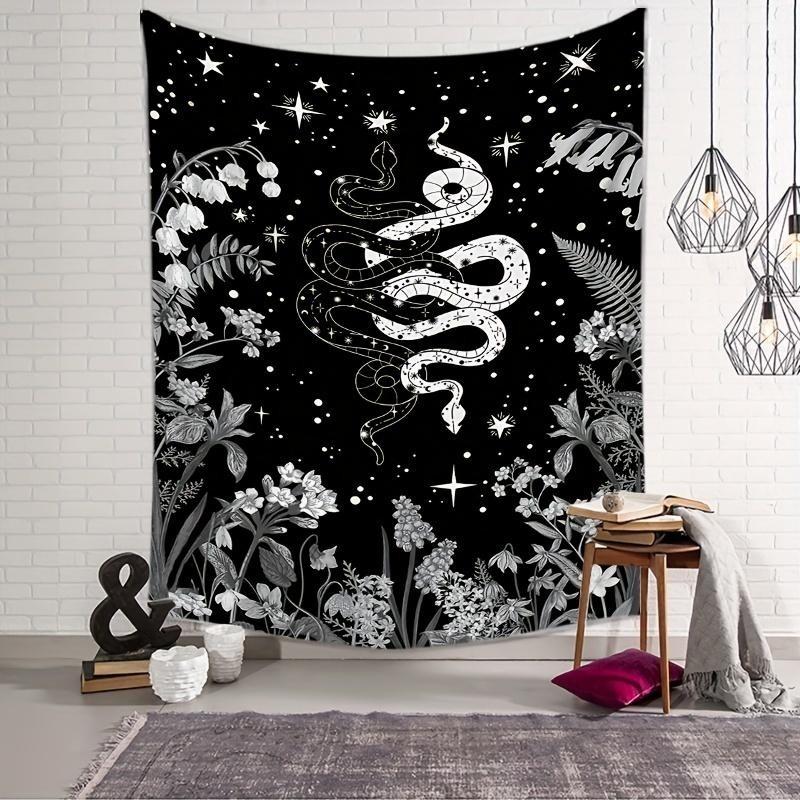 Vibrant Black and White Snake Flower Printed Tapestry - Unique Wall Hanging for Living Room, Bedroom, Dorm Room Decor - Adds Bohemian Chic Touch to