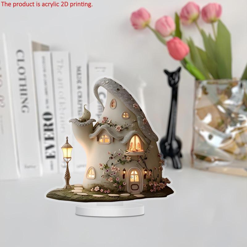 Fairy Garden House Design Acrylic Desktop Decoration Sign, 1 Count Lovely House Design Ornament with Stand, Home Decor for Living Room Bedroom Office