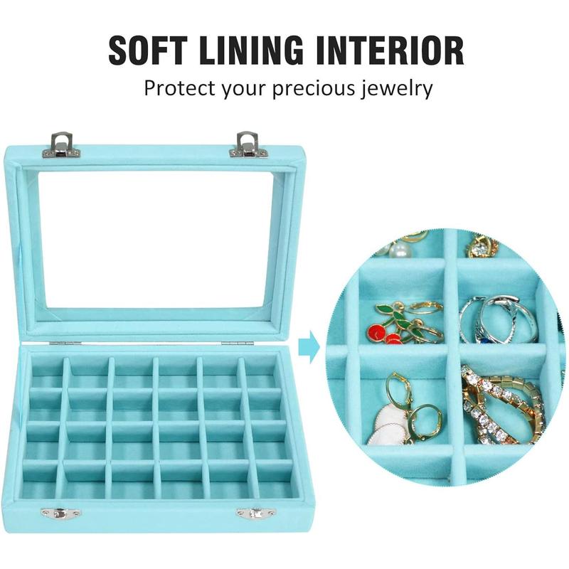 Velvet Jewelry Box 24 Grid Jewelry Ring Display Organiser Box Tray Holder Earrings Storage Case for Wife Mom Women (Pink)