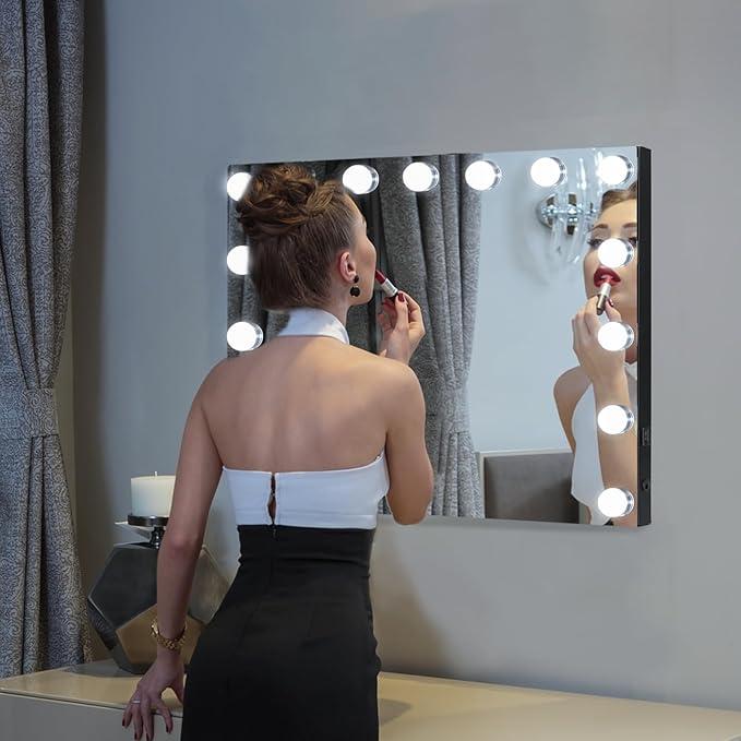 Vanity Mirror with Lights,Large Hollywood Mirror with 15 Bulbs, 3 Colors Modes & Adjustable Brightness,Black Vanity Mirror 10x Spot Mirror, USB Charging Port(23