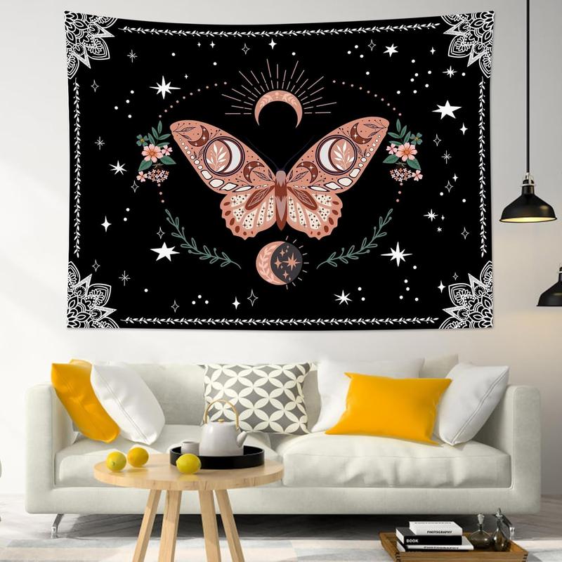 Pink Butterfly Wall Tapestry Black and White Mandala Tapestry Wall Hanging Green Leaf Plant and Floral with Stars Moon on Galaxy Space Tapestry for Bedroom Living Room Dorm