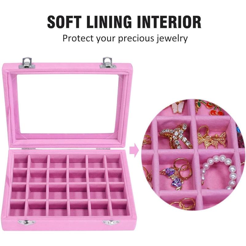 Velvet Jewelry Box 24 Grid Jewelry Ring Display Organiser Box Tray Holder Earrings Storage Case for Wife Mom Women (Pink)