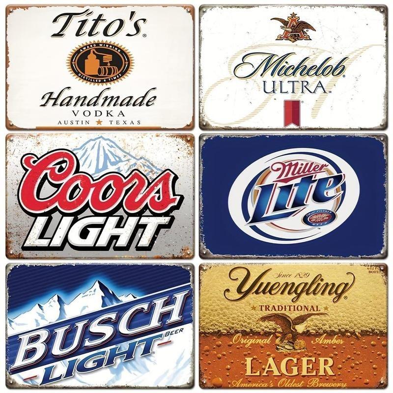 Vintage Beer Collection Tin Sign, 6 Counts set - Lightweight & Fadeless Decoration Sign for Bar, Home, Garage, Man Cave