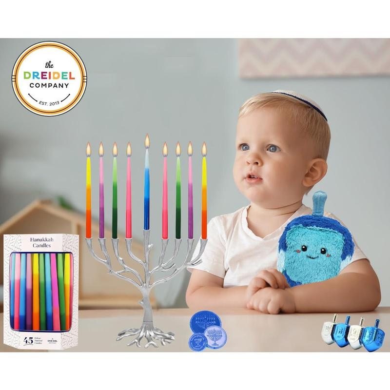 The Dreidel Company Dripless Deluxe Tapered Hanukkah Candles, Multicolored 3-Tone Pastel Decorations, Chanukkah Menorah Candles for All 8 Nights of Chanukah (Single)