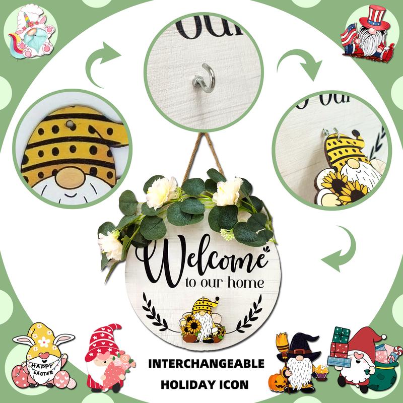 14 inch Interchangeable Welcome Home Sign for Front Door with 12 Gnome Icons,Seasonal Welcome Home Wood Wreaths Front Porch Decorations 14inch Housewarming Gift