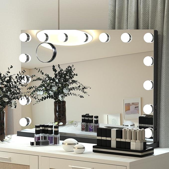 Vanity Mirror with Lights,Large Hollywood Mirror with 15 Bulbs, 3 Colors Modes & Adjustable Brightness,Black Vanity Mirror 10x Spot Mirror, USB Charging Port(23