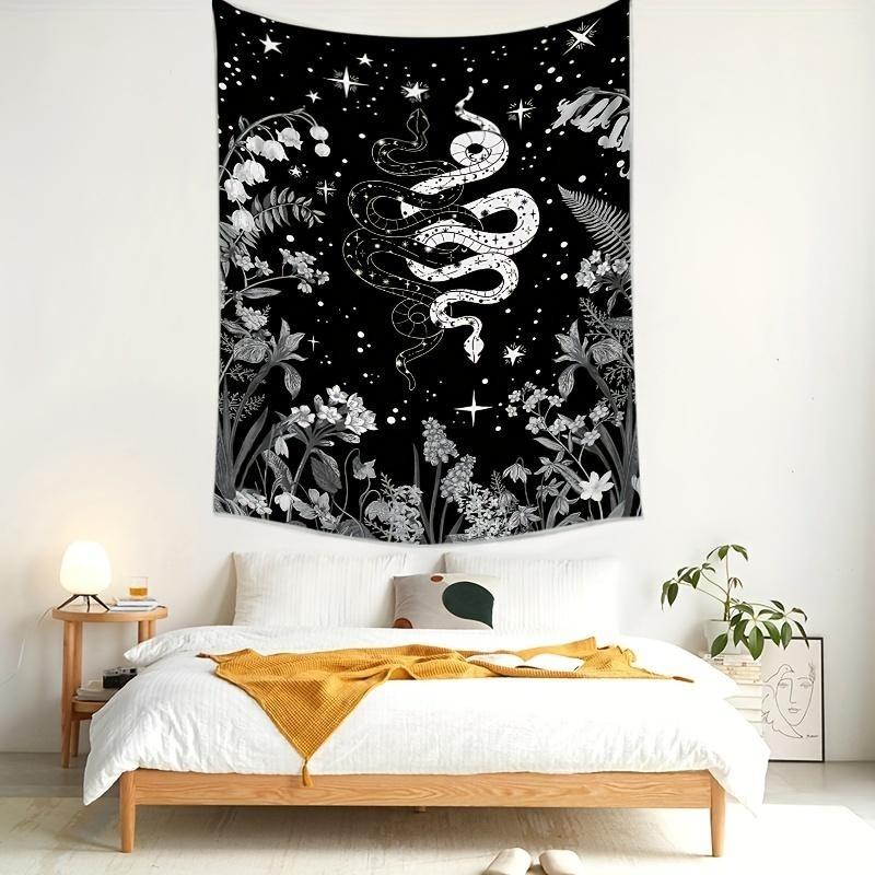 Vibrant Black and White Snake Flower Printed Tapestry - Unique Wall Hanging for Living Room, Bedroom, Dorm Room Decor - Adds Bohemian Chic Touch to