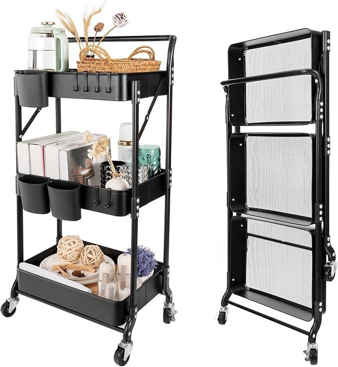 3 Tier Foldable Rolling Cart with Wheels, Folding Utility Cart Organizer, Collapsible Rolling Storage Cart with 3 Hanging Cups & 6 Hooks for Kitchen, Office, Nursery(Black)