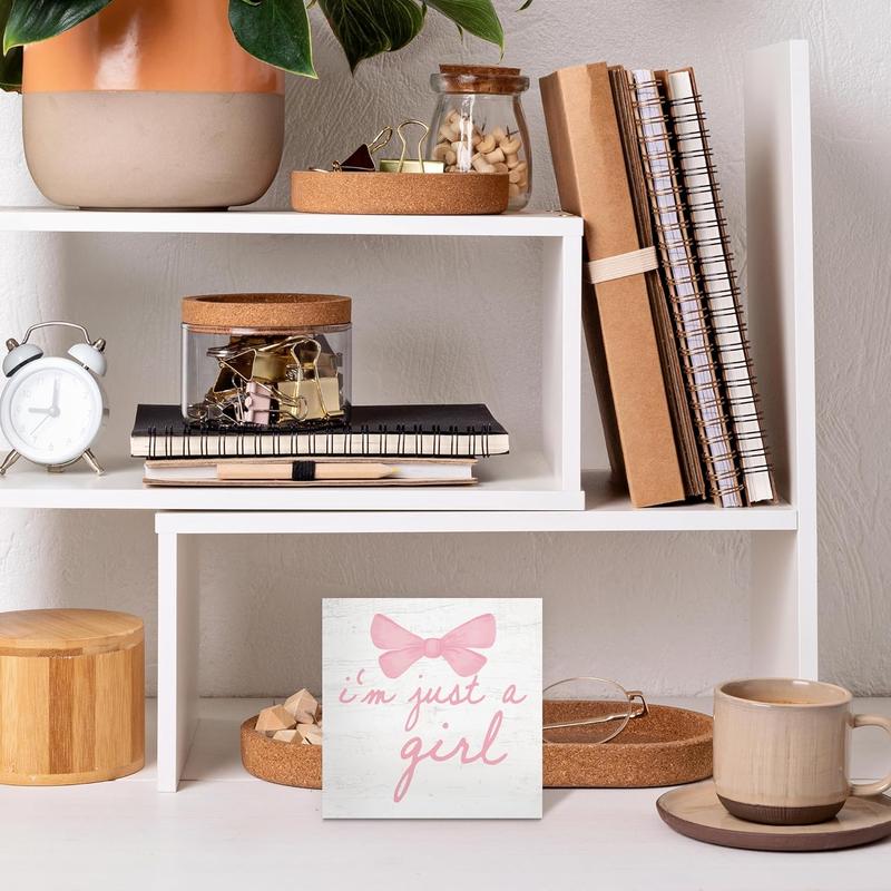 CUANFDDSF Trendy Pink Bow Coquette Room Decor Wooden Box Sign, Coquette Party Decor, Girls Room Decor, i\u2019m Just a Girl Girly Bowknot Signs for Home Dorm Wall Desk Shelf Tabletop Decoration