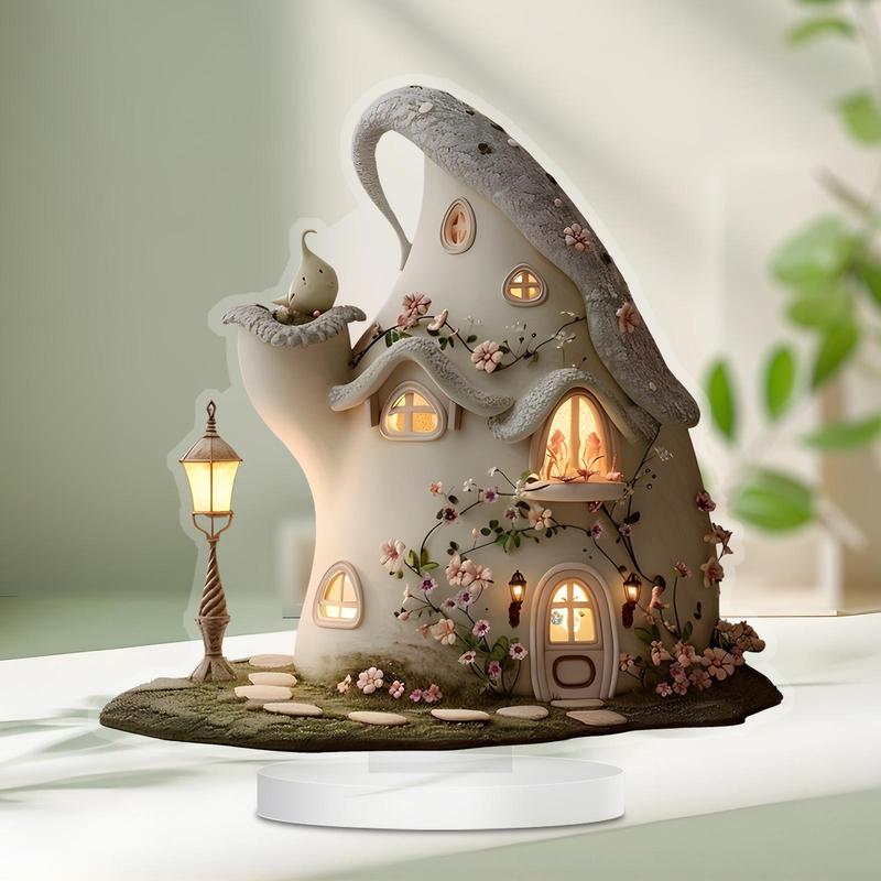 Fairy Garden House Design Acrylic Desktop Decoration Sign, 1 Count Lovely House Design Ornament with Stand, Home Decor for Living Room Bedroom Office