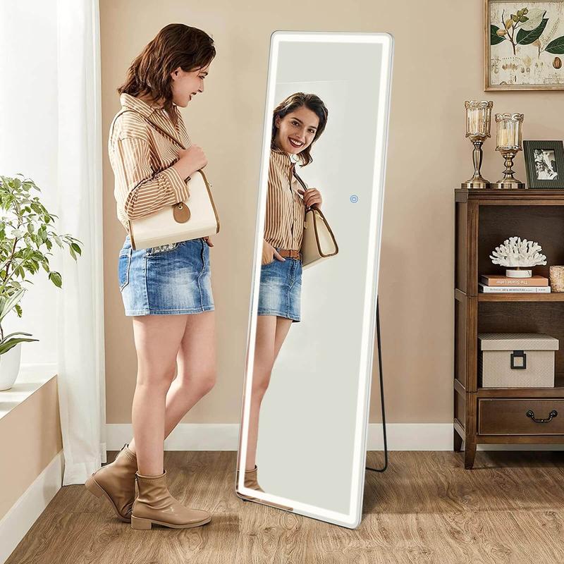 3-color LED floor standing full-length mirror, wall mounted floor standing mirror, bedroom and changing room dimming, and tri color lighting