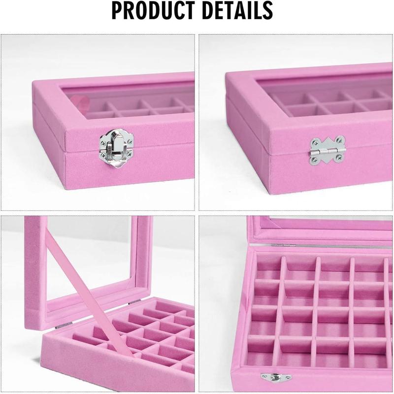 Velvet Jewelry Box 24 Grid Jewelry Ring Display Organiser Box Tray Holder Earrings Storage Case for Wife Mom Women (Pink)