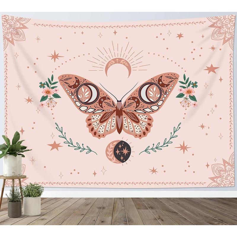 Pink Butterfly Wall Tapestry Black and White Mandala Tapestry Wall Hanging Green Leaf Plant and Floral with Stars Moon on Galaxy Space Tapestry for Bedroom Living Room Dorm