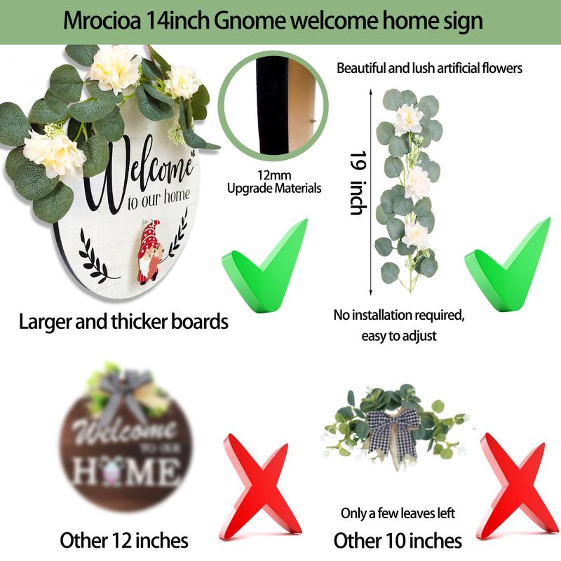 14 inch Interchangeable Welcome Home Sign for Front Door with 12 Gnome Icons,Seasonal Welcome Home Wood Wreaths Front Porch Decorations 14inch Housewarming Gift