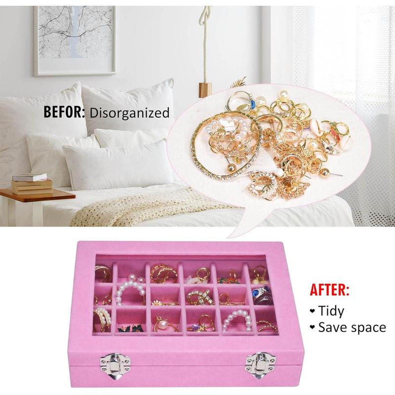 Velvet Jewelry Box 24 Grid Jewelry Ring Display Organiser Box Tray Holder Earrings Storage Case for Wife Mom Women (Pink)