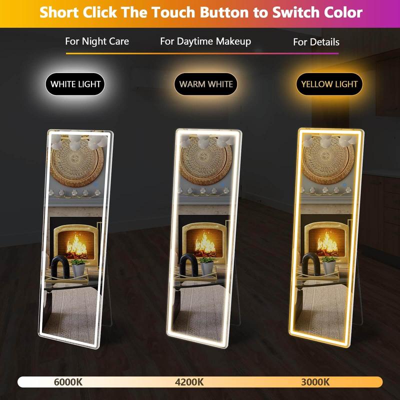 3-color LED floor standing full-length mirror, wall mounted floor standing mirror, bedroom and changing room dimming, and tri color lighting