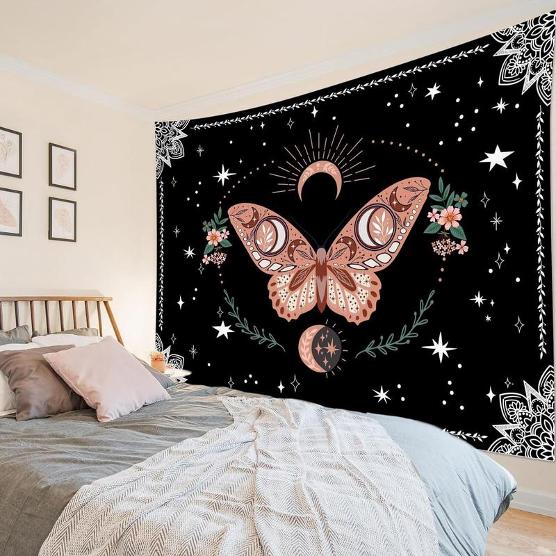 Pink Butterfly Wall Tapestry Black and White Mandala Tapestry Wall Hanging Green Leaf Plant and Floral with Stars Moon on Galaxy Space Tapestry for Bedroom Living Room Dorm