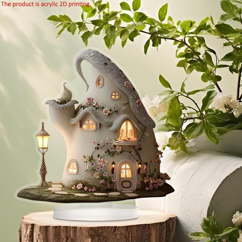 Fairy Garden House Design Acrylic Desktop Decoration Sign, 1 Count Lovely House Design Ornament with Stand, Home Decor for Living Room Bedroom Office