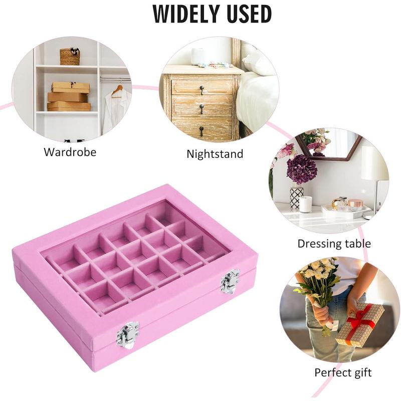 Velvet Jewelry Box 24 Grid Jewelry Ring Display Organiser Box Tray Holder Earrings Storage Case for Wife Mom Women (Pink)