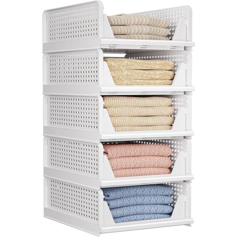 5 Pack Folding Closet Organizers Storage Box, Stackable Storage Bins, Plastic Drawer Basket Closet Storage for Wardrobe Cupboard Kitchen Bathroom Office White-5L