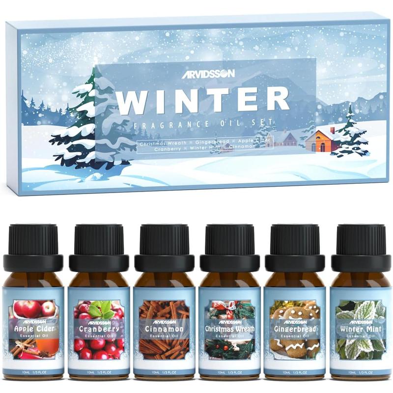 Winter Essential Oils Set, ARVIDSSON Holiday Fragrance Oil for Diffuser, Cinnamon, Christmas Wreath,  Cider, Gingerbread, Cranberry, Winter Mint Scented Oils for Home