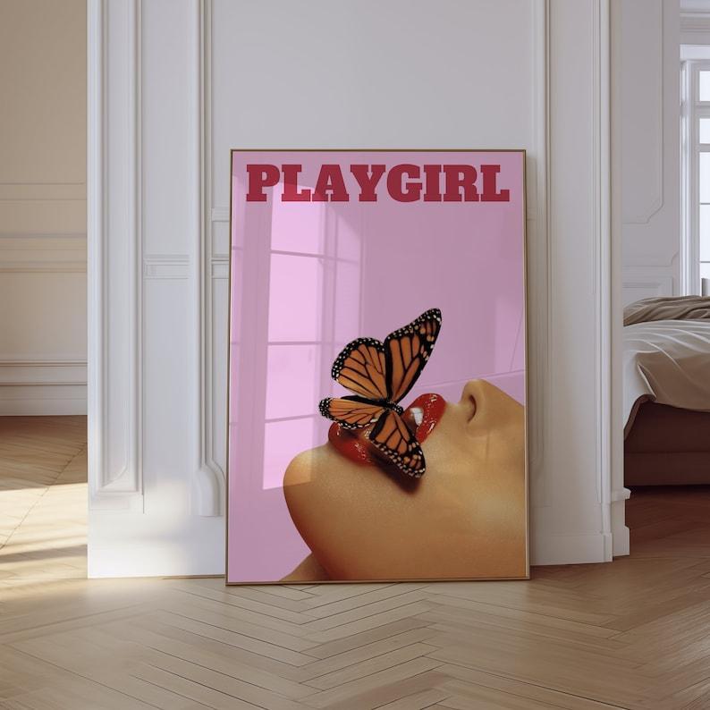 Playgirl Print, Magazine Wall Decor, Girly Prints, Pink And Red Poster, Butterfly Woman, Aesthetic Pink Poster, Y2K Decor, Fashion Wall Deco