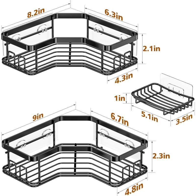 [Fast Delivery] Shower Caddy, 3-Pack Shower Organizer with Soap Holder, Corner Shower Caddy with 8 Hooks, Wall Mounted Shower Shelf for Bathroom, Kitchen, Countertop, Black