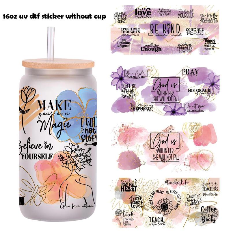 Floral and Inspiriting Quotes Design Sticker, 5 Counts set UV DTF Self-adhesive Cup Wraps, Waterproof Transfer Stickers, DIY Decorative Stickers for Coffee Cups, Water Bottles, Glass Tumblers