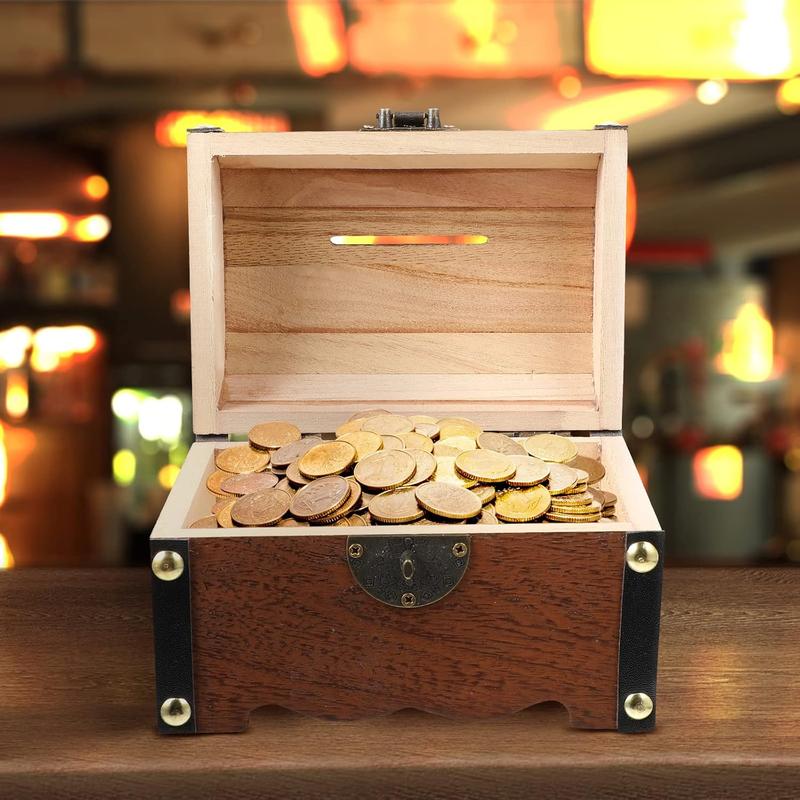 Piggy Bank: Vintage Wood Treasure Chest Rustic Small Wooden Box Decorative Coin Bank Money Bank Money Saver Storage Box for Wedding Home Decor