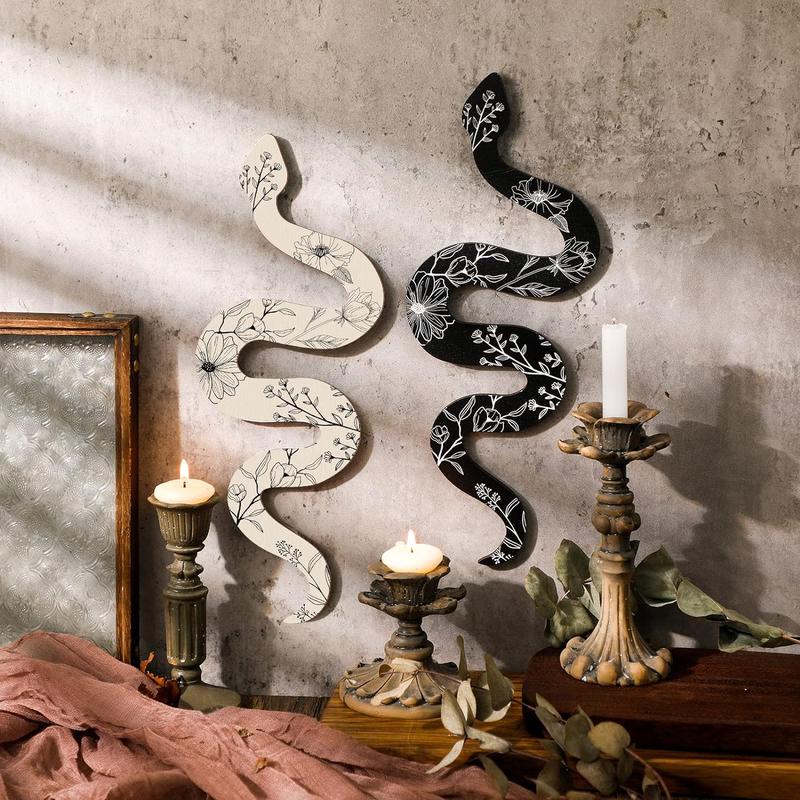 Set of 2 Earthy Room Wall Decor Boho Witchy Cute Wooden Snake Decor Natural Aesthetic Witchy Desk Decor Altar Decor Frame Wall Hanging Boho Wall Art for Apartment Bedroom Living Room (Crawl)