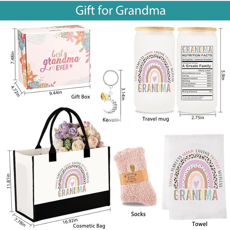 8 count Christmas Gift for Grandma, Canvas Bag for Grandma Gift Ideas, Glass Cup Birthday Gift for Grandma