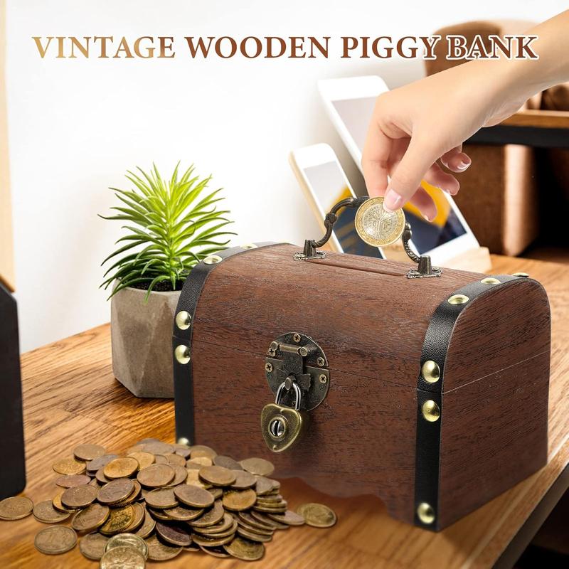 Piggy Bank: Vintage Wood Treasure Chest Rustic Small Wooden Box Decorative Coin Bank Money Bank Money Saver Storage Box for Wedding Home Decor