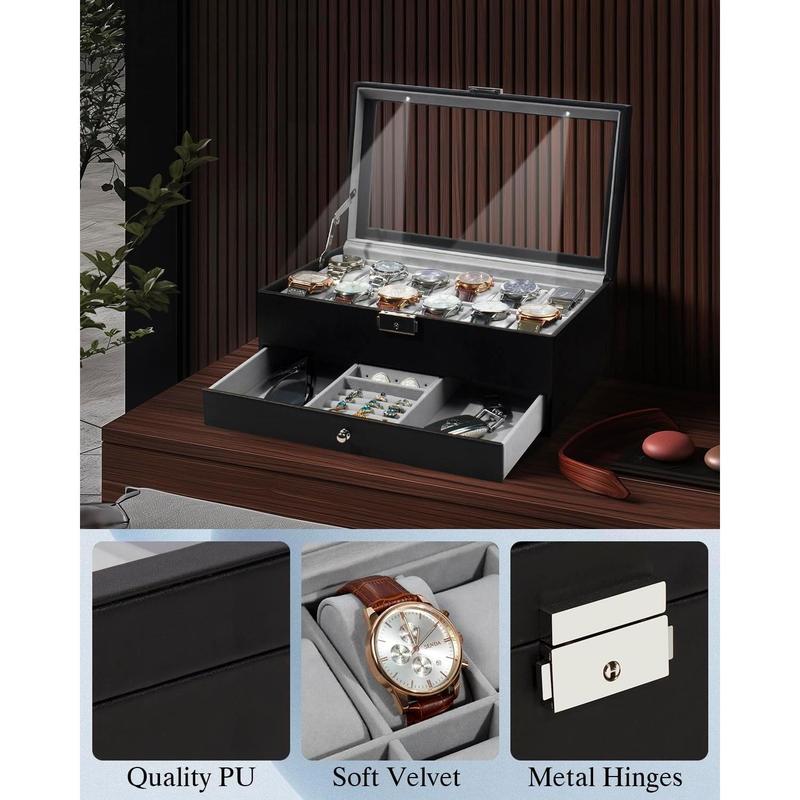 Watch box, 6 Slot Watch Case, 3 Slot Sunglass Organizer, Watch Cases for men with Real Glass Lid, Watch Organizer storage with Jewelry Case, Birthday for Men and Women,