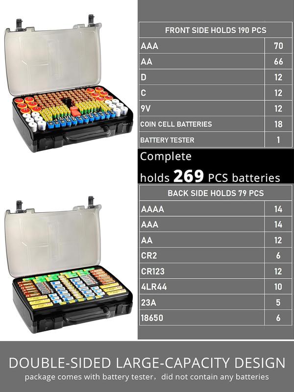 Battery Organizer Storage Holder Box Case with Tester, Case Only, Double-sided Variety Pack, Suitable for AA AAA 4A C D Cell, 9V 3V Lithium LR44 CR2 CR123 CR1632 18650 Buttons