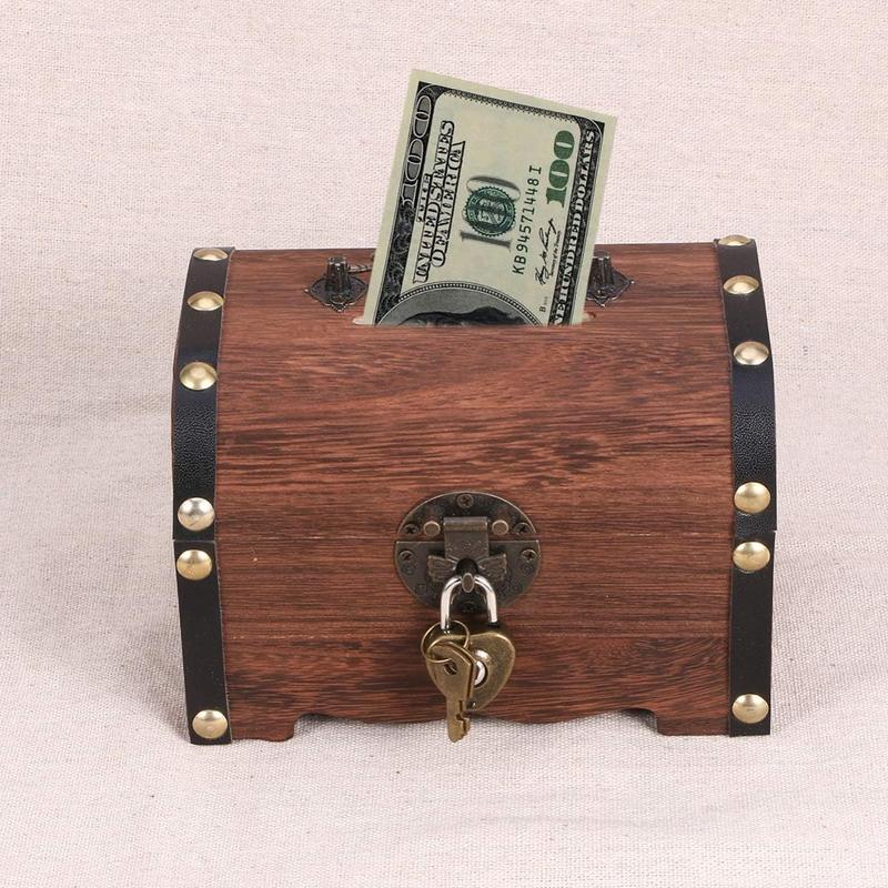 Piggy Bank: Vintage Wood Treasure Chest Rustic Small Wooden Box Decorative Coin Bank Money Bank Money Saver Storage Box for Wedding Home Decor