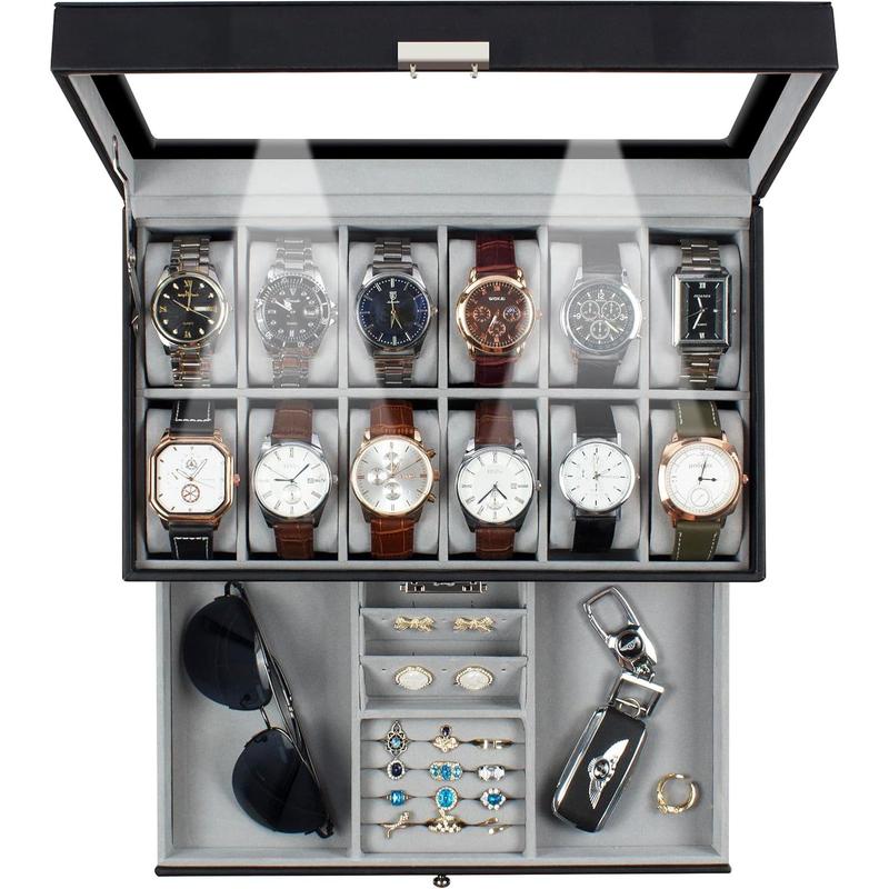 Watch box, 6 Slot Watch Case, 3 Slot Sunglass Organizer, Watch Cases for men with Real Glass Lid, Watch Organizer storage with Jewelry Case, Birthday for Men and Women,