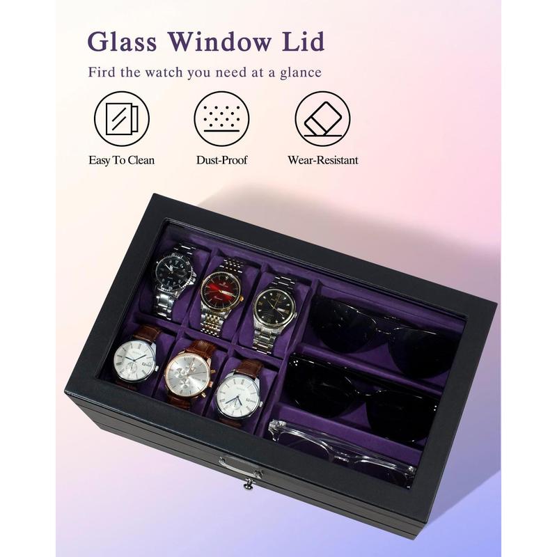 Watch box, 6 Slot Watch Case, 3 Slot Sunglass Organizer, Watch Cases for men with Real Glass Lid, Watch Organizer storage with Jewelry Case, Birthday for Men and Women,