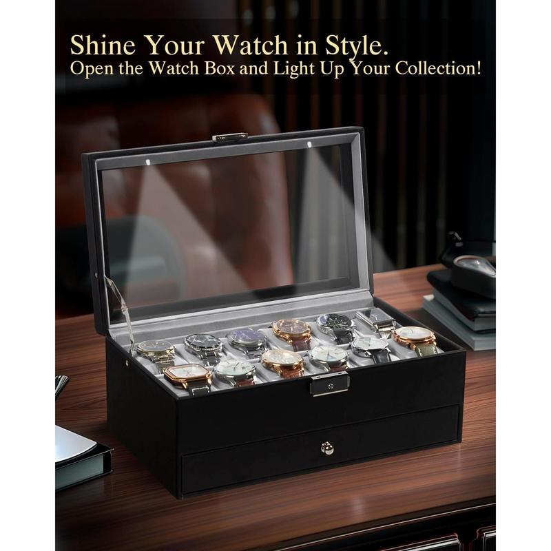 Watch box, 6 Slot Watch Case, 3 Slot Sunglass Organizer, Watch Cases for men with Real Glass Lid, Watch Organizer storage with Jewelry Case, Birthday for Men and Women,