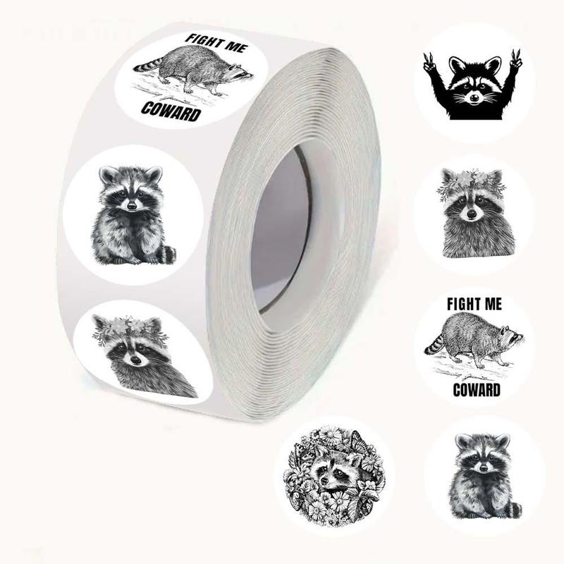 Raccoon Pattern Sticker, 500pcs roll Round Self Adhesive Decorative Sticker, DIY Decals for Water Bottle, Phone Case, Envelope Sealing