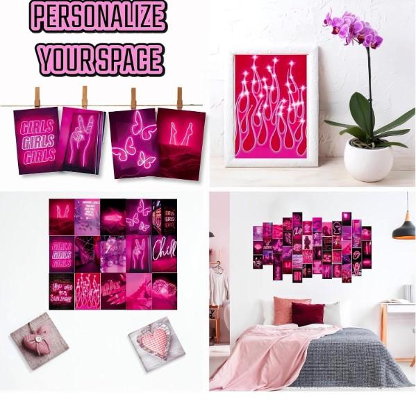 50 PCS Wall Collage Kit Aesthetic Pictures, Pink Neon Room Decor Posters for Room Aesthetic, Dorm Photo Wall Decor for Teen Girls, VSCO Girl...