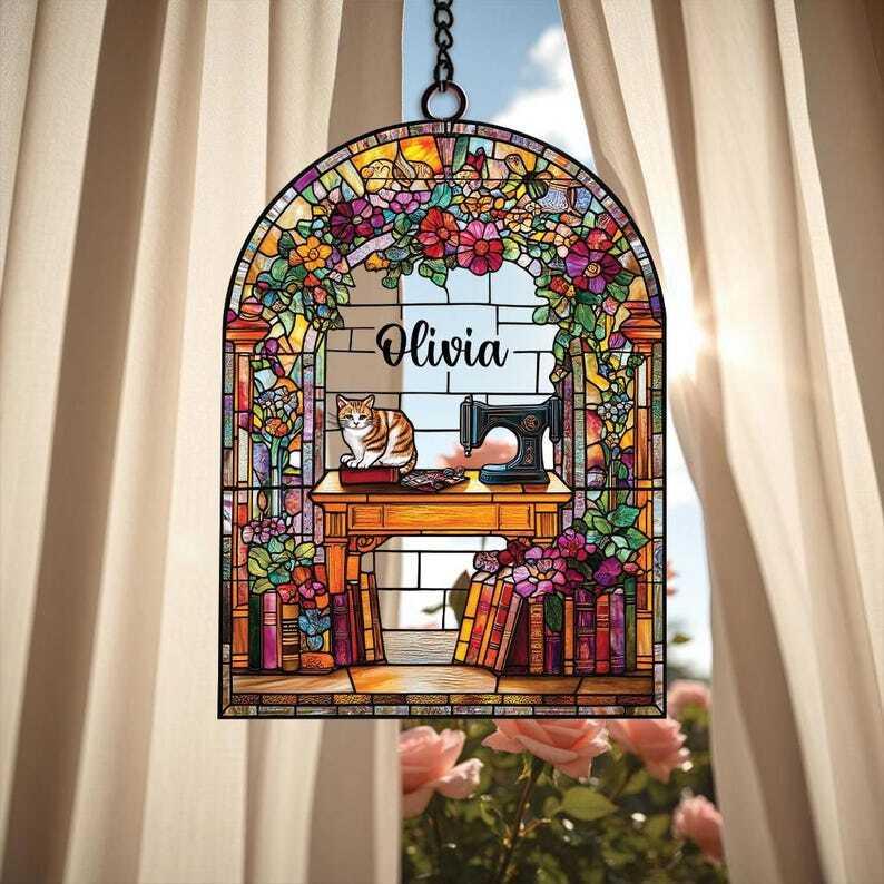 Personalized Sewing and Book Lovers Acrylic Suncatcher, Sewing Machine Window Hanging, Perfect Decor for Sewing Room or Library Decor